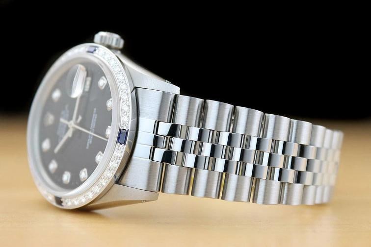 MENS ROLEX DATEJUST 16014 BLACK DIAMOND SAPPHIRE 18K WHITE GOLD STEEL WATCH - 4