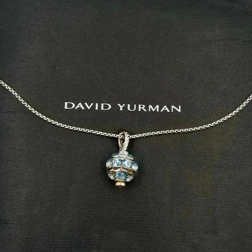 David Yurman Crossover 18K Gold Silver Aquamarine Cable Choker Necklace Pendant - 2