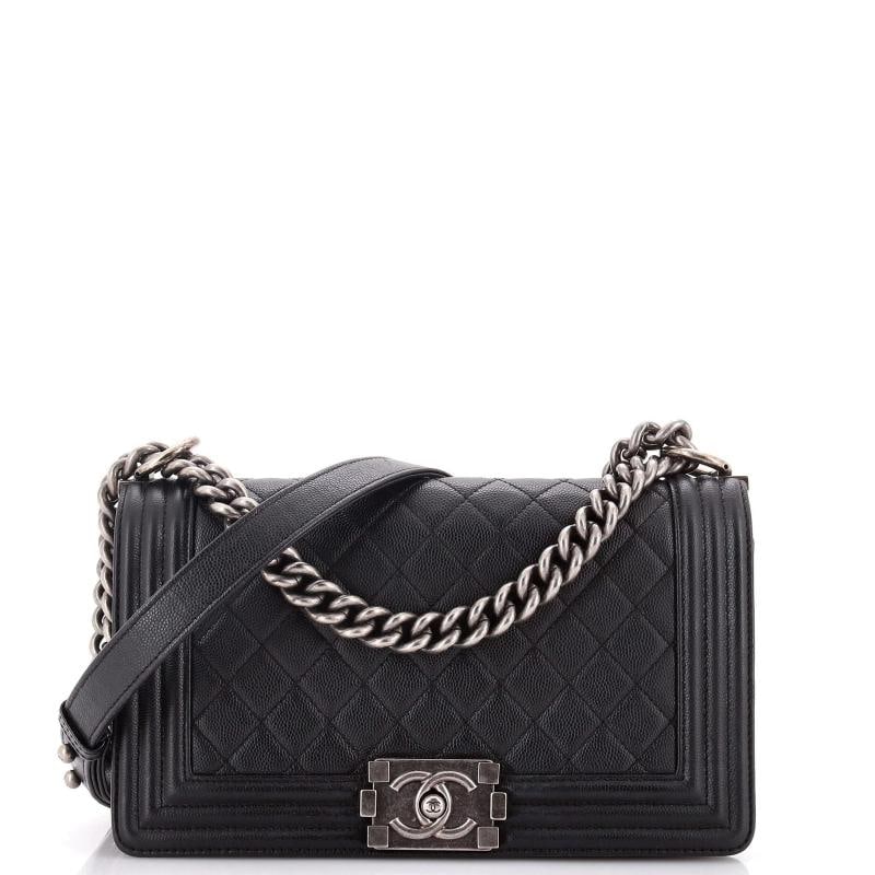 Chanel Boy Flap Bag Quilted Caviar Old Medium: Condition: Pre-owned - Fair,Brand: Chanel,Exterior Material: Leather,Style: Cross Body Bags,Exterior Color: Black,Department: Women,Size: Old Medium