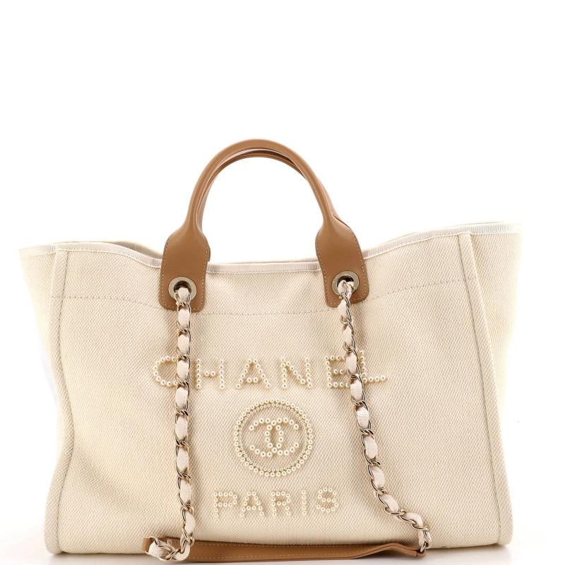 Chanel Deauville Tote Pearl Embellished Canvas Medium: Condition: Pre-owned - Good,Brand: Chanel,Exterior Material: Canvas Plain,Style: Totes,Exterior Color: Neutral,Department: Women,Size: Medium,Accessories: Dust Bag