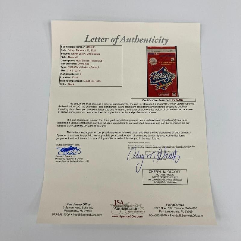 Derek Jeter Signed 1998 World Series Game Two Original Ticket JSA COA - 3