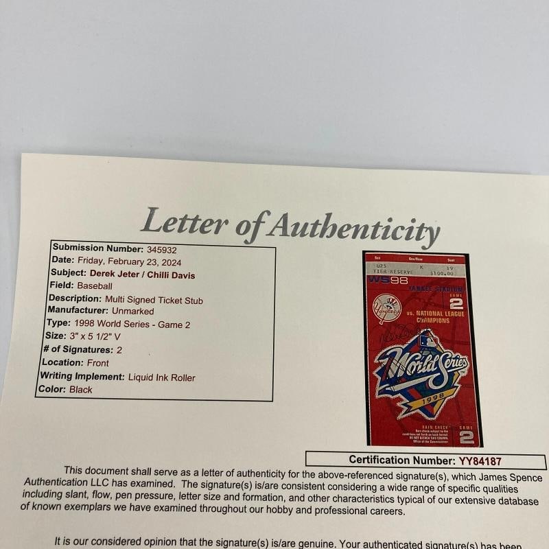Derek Jeter Signed 1998 World Series Game Two Original Ticket JSA COA - 5
