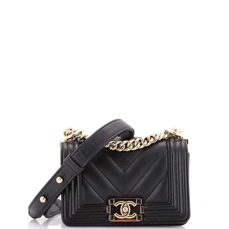 Chanel Boy Flap Bag Chevron Lambskin Mini: Condition: Pre-owned - Good,Brand: Chanel,Exterior Material: Leather,Style: Shoulder Bags,Exterior Color: Black,Department: Women,Size: Mini,Accessories: Dust Bag