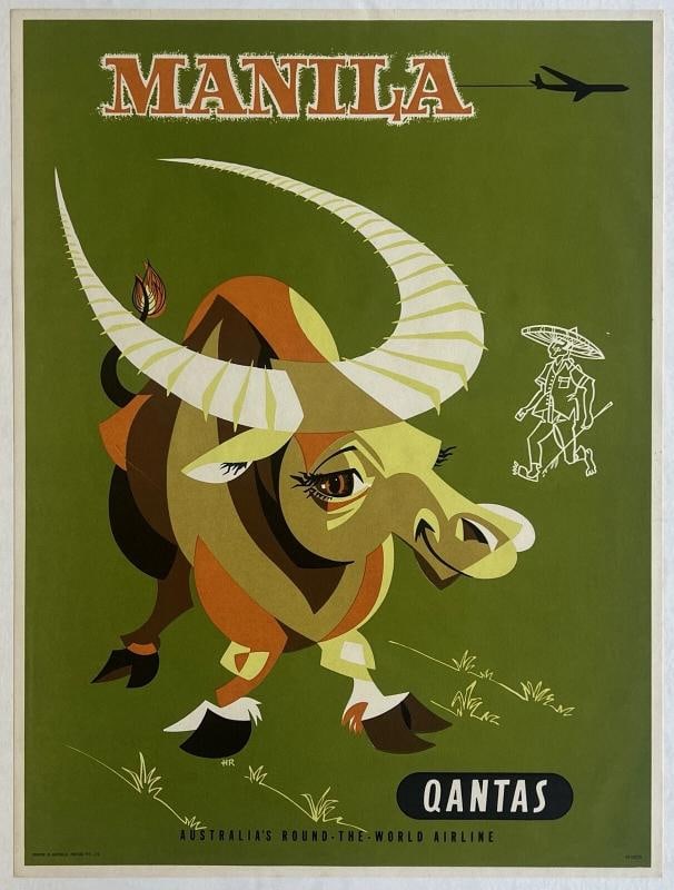 Original Vintage Poster MANILA QANTAS Airline Travel Tourism LINEN 15" x 20": Condition: Used,Type: Poster,Airline: Qantas,Country of Origin: Australia,Modified Item: No Condition: Excellent / Very Good * (linen backed; there is a 2" diagonal scratch near the rear of the animal