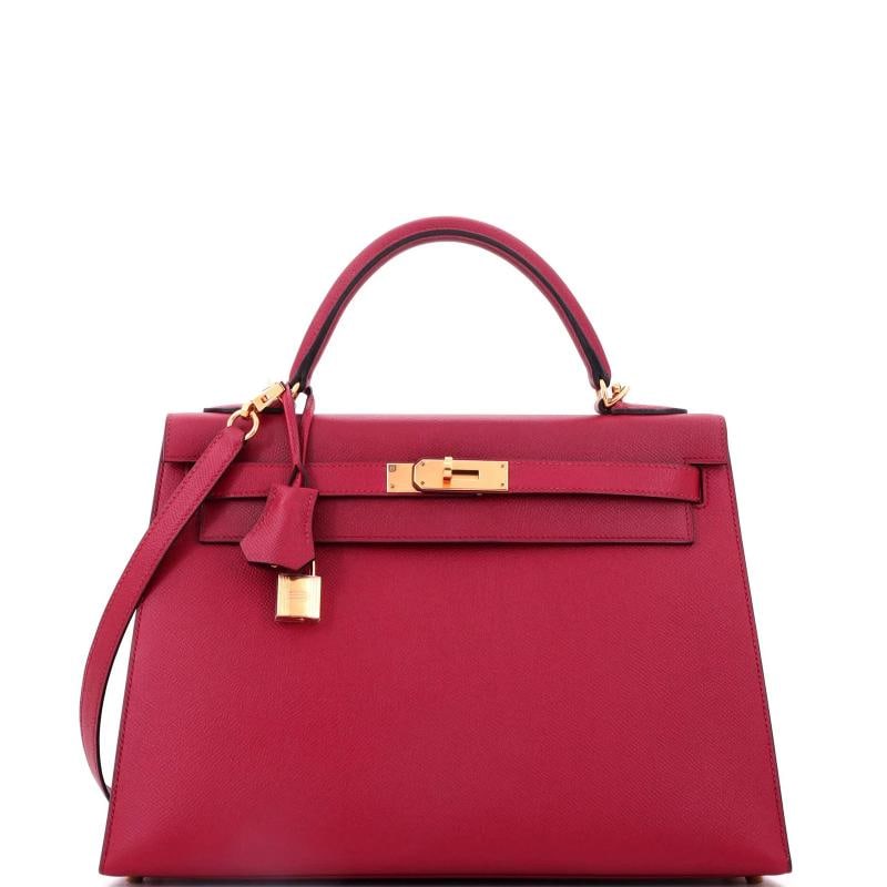 Hermes Kelly Handbag Red Epsom with Gold Hardware 32: Condition: Pre-owned - Excellent,Brand: Hermes,Exterior Material: Leather,Style: Top Handle,Exterior Color: Burgundy,Department: Women,Size: 32,Accessories: Lock, Clochette, Keys, With Strap