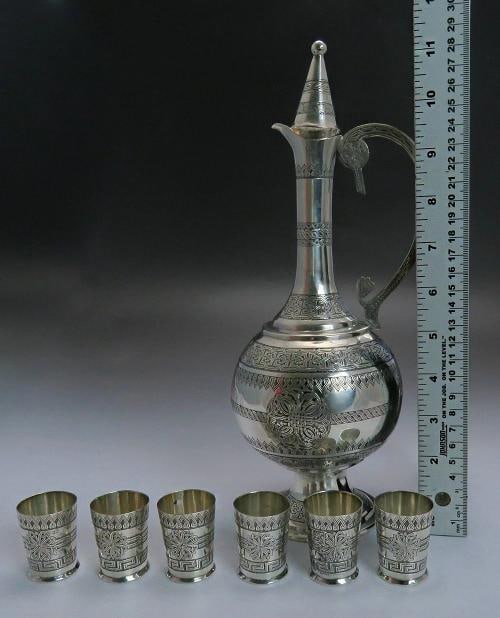 late 1800s/early 1900s Fantastic Turkish Silver Decanter / Ewer & 6 Cups Set - 11