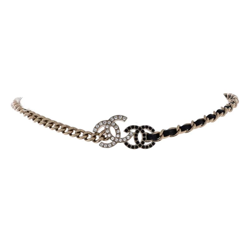 Chanel Double CC Chain Choker Necklace Metal with Leather and Crystals: Condition: Pre-owned,Style: Chain,Brand: Chanel,Type: Necklace,Color: Gold,Metal: Unknown,Main Stone: Unknown,Material: Crystal, Leather, Metal,Metal Purity: Unknown Condition: Great. Minor scratches