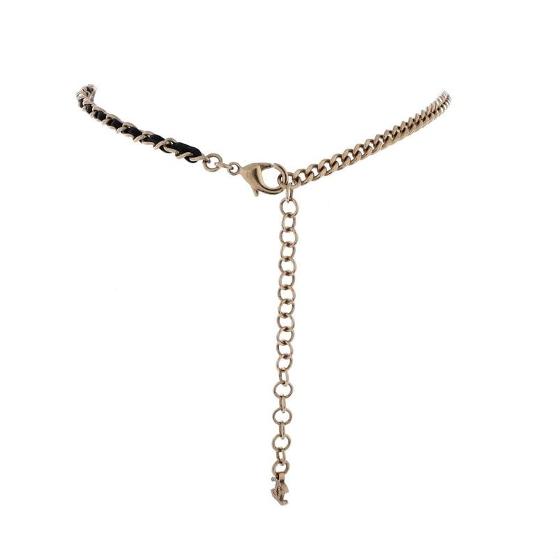 Chanel Double CC Chain Choker Necklace Metal with Leather and Crystals - 2