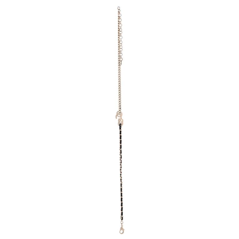 Chanel Double CC Chain Choker Necklace Metal with Leather and Crystals - 3