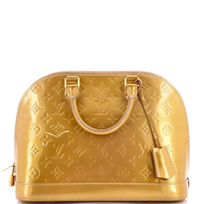 Louis Vuitton Alma Handbag Monogram Vernis PM: Condition: Pre-owned - Good,Brand: Louis Vuitton,Exterior Material: Patent Leather,Style: Top Handle,Exterior Color: Gold,Department: Women,Size: Pm,Accessories: Clochette, Lock, Keys Condition: Very 