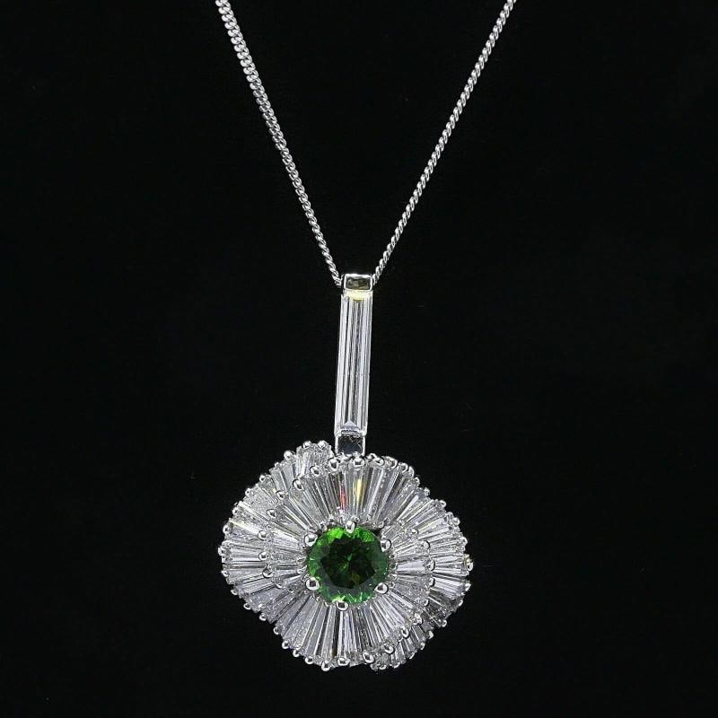 Green Tourmaline & Baguette Diamond Ballerina Pendant in Platinum $20K: Condition: Pre-owned - Good,Pendant Shape: Round,Main Stone Creation: Natural,Fancy Diamond Color: Green,Length (inches): 17.5',Main Stone Color: Green,Metal: Platinum,Gender: Female,Total Carat