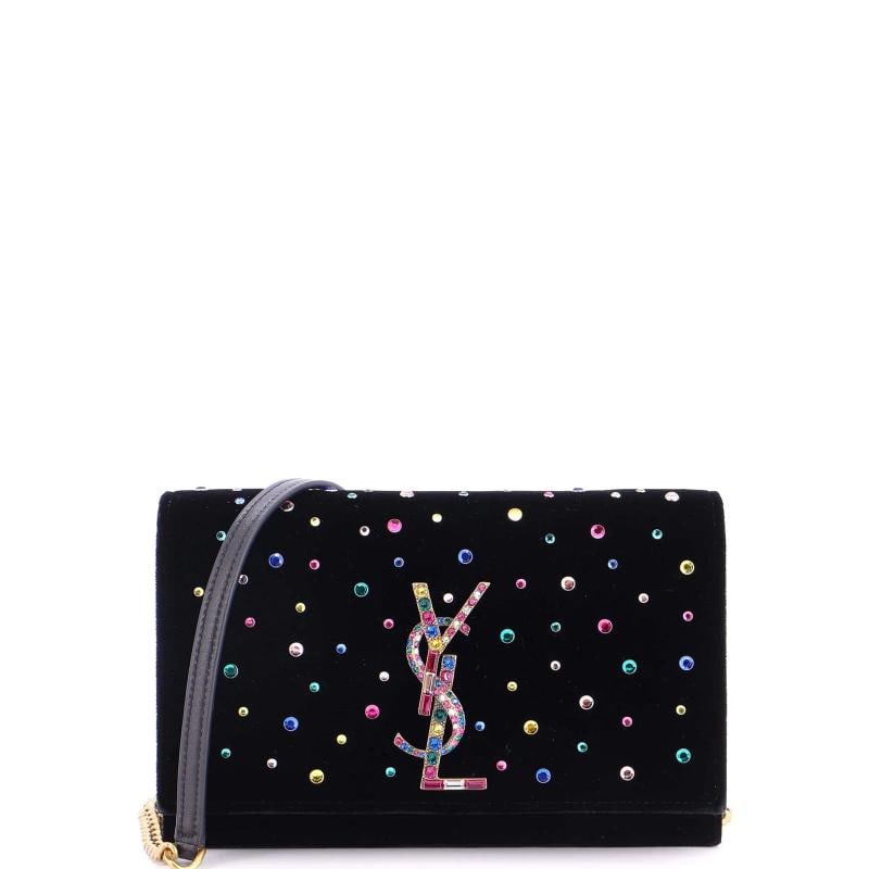 Saint Laurent Classic Monogram Wallet on Chain Embellished Velvet: Condition: Pre-owned - Excellent,Brand: Saint Laurent,Exterior Material: Velvet,Style: Cross Body Bags,Exterior Color: Black,Department: Women,Size: Unknown,Accessories: With Strap Condition: Excellen