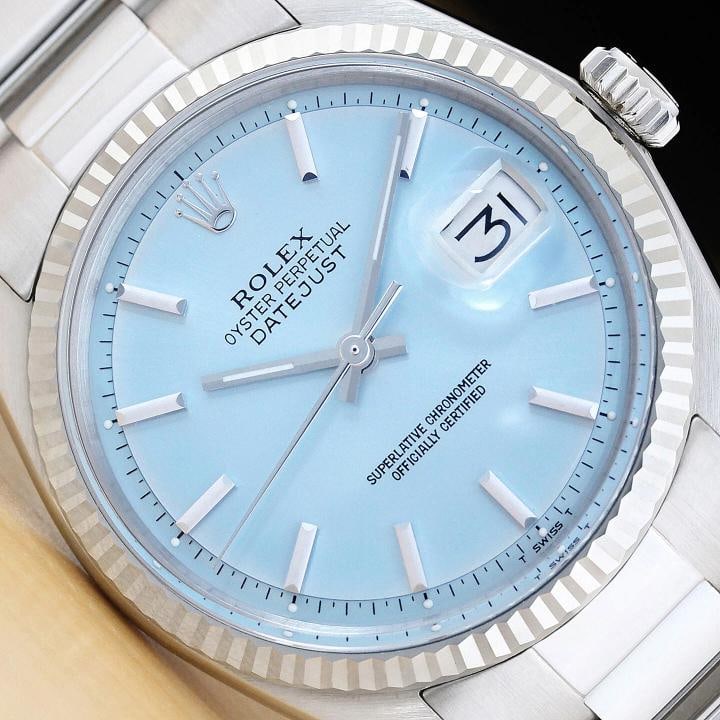 ROLEX MENS DATEJUST 1601 ICE BLUE DIAL 18K WHITE GOLD STEEL WATCH w/ OYSTER BAND: Condition: Pre-owned - Excellent,Bezel Color: Silver,Max Wrist Size: 7.26-7.5 in,Number of Jewels: 26 Jewels,Indices: Stick Indexes, 12-Hour Dial,Bezel: Rolex 18K White Gold Fluted Bezel,Band/Strap: B