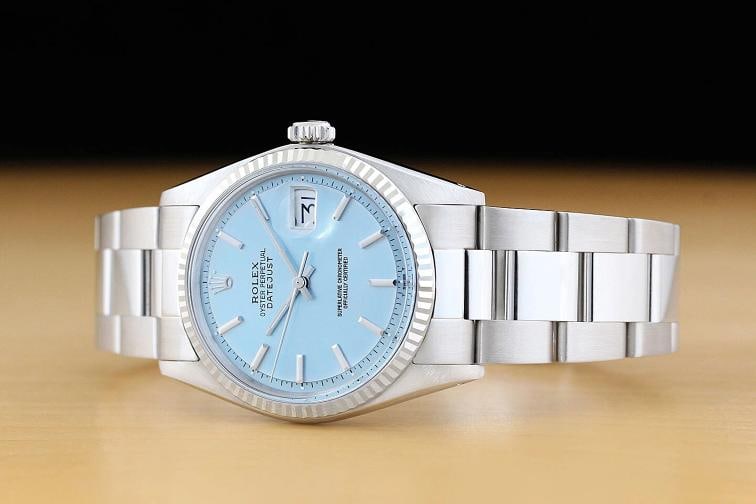 ROLEX MENS DATEJUST 1601 ICE BLUE DIAL 18K WHITE GOLD STEEL WATCH w/ OYSTER BAND - 2