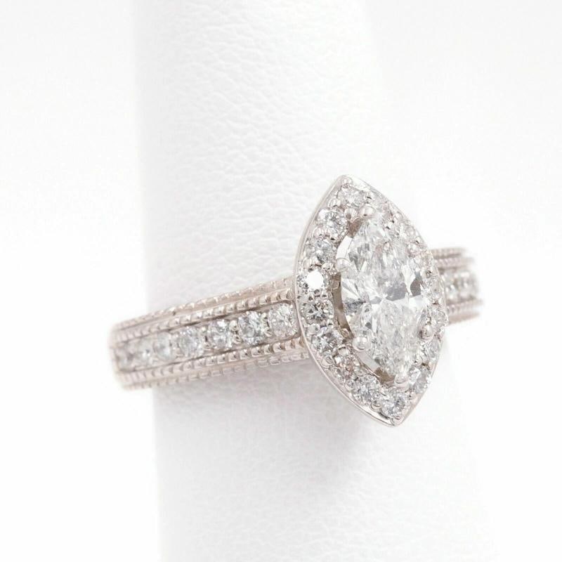 Marquise Diamond Halo Engagement Ring Milgrain Diamond Band 14kt WG - 6