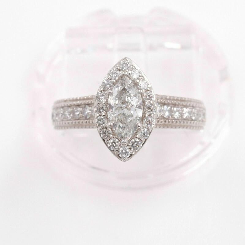 Marquise Diamond Halo Engagement Ring Milgrain Diamond Band 14kt WG - 8
