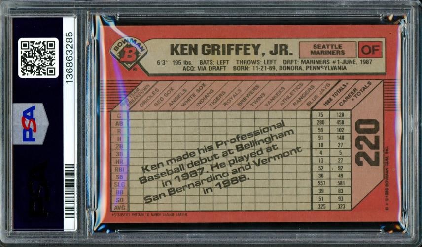Ken Griffey Jr. Signed 1989 Bowman RC 220 Seattle Mariners PSA 9 Sig 10 PSA/DNA - 2