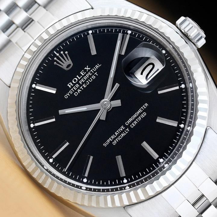 ROLEX MENS DATEJUST BLACK DIAL 18K WHITE GOLD BEZEL STAINLESS STEEL WATCH: Condition: Pre-owned - Excellent,Bezel Color: Silver,Max Wrist Size: 7.26-7.5 in,Number of Jewels: 26 Jewels,Indices: Stick Indexes, 12-Hour Dial, Multiple Hands,Bezel: Rolex 18K White Gold Fluted Bez