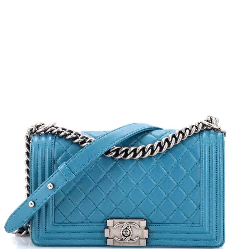 Chanel Boy Flap Bag Quilted Lambskin Old Medium: Condition: Pre-owned - Good,Brand: Chanel,Exterior Material: Leather,Style: Shoulder Bags,Exterior Color: Blue,Department: Women,Size: Old Medium