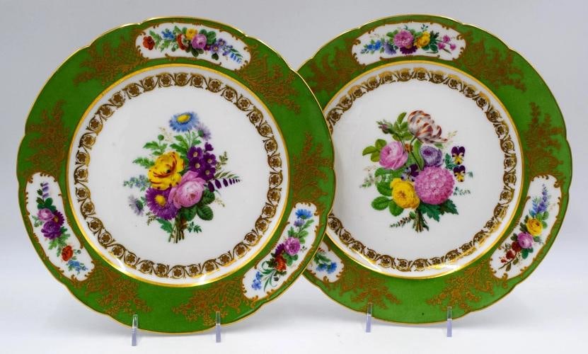 Antique Fine Pair of French Feuillet Paris Plates - Circa 1860: Condition: Used,Brand: French Feuillet,Antique: Yes,Pattern: Floral,Type: Plate,Care Instructions: Hand Wash Only,Theme: Flower,Year Manufactured: 1860,Features: Hand Painted,Material: