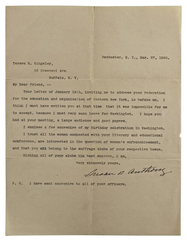 Susan B. Anthony Authentic Signed 8.25x10.75 1900 Letter BAS #AB14682: Condition: New: A brand-new, unused, unopened, undamaged item (including handmade items).. ,Autograph Authentication: Beckett,Original/Reproduction: Original,PRODUCT_COA: