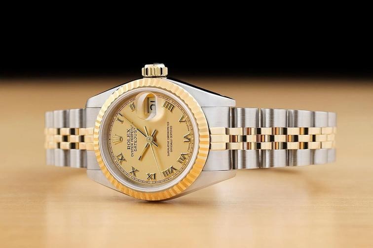 ROLEX LADIES DATEJUST 69173 CHAMPAGNE ROMAN DIAL 18K YELLOW GOLD STEEL WATCH - 2
