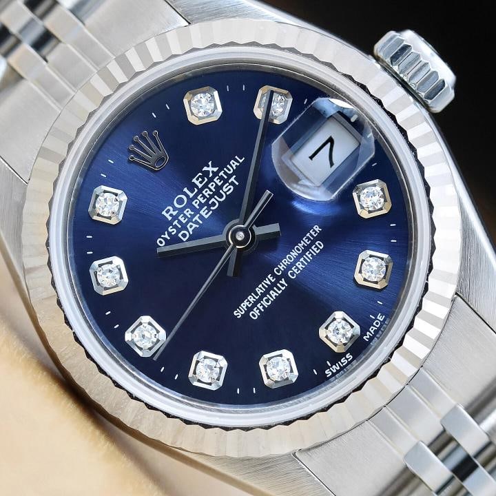 ROLEX LADIES DATEJUST 69174 BLUE DIAMOND DIAL 18K WHITE GOLD BEZEL STEEL WATCH: Condition: Pre-owned - Excellent,Bezel Color: Silver,Max Wrist Size: 6.26-6.75 in,Number of Jewels: 29 Jewels,Indices: Diamond Hour Marks, 12-Hour Dial, Multiple Hands, Seconds Hand,Band: Rolex