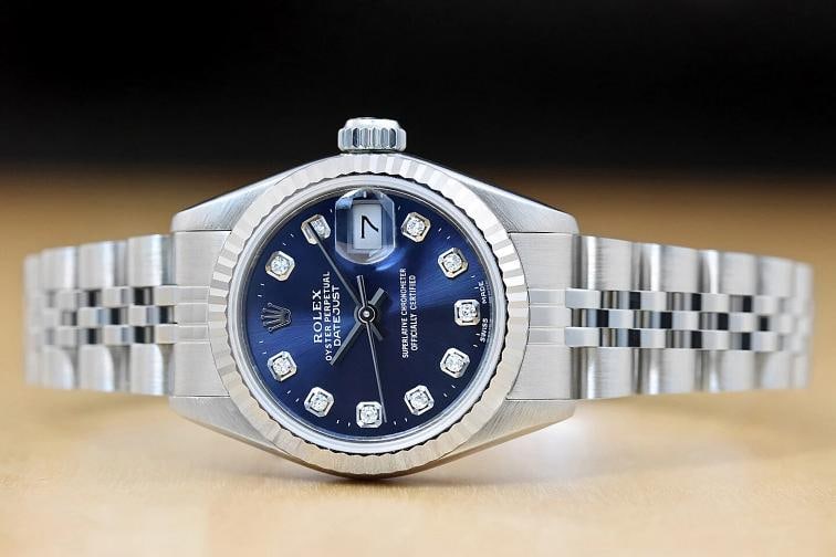 ROLEX LADIES DATEJUST 69174 BLUE DIAMOND DIAL 18K WHITE GOLD BEZEL STEEL WATCH - 3