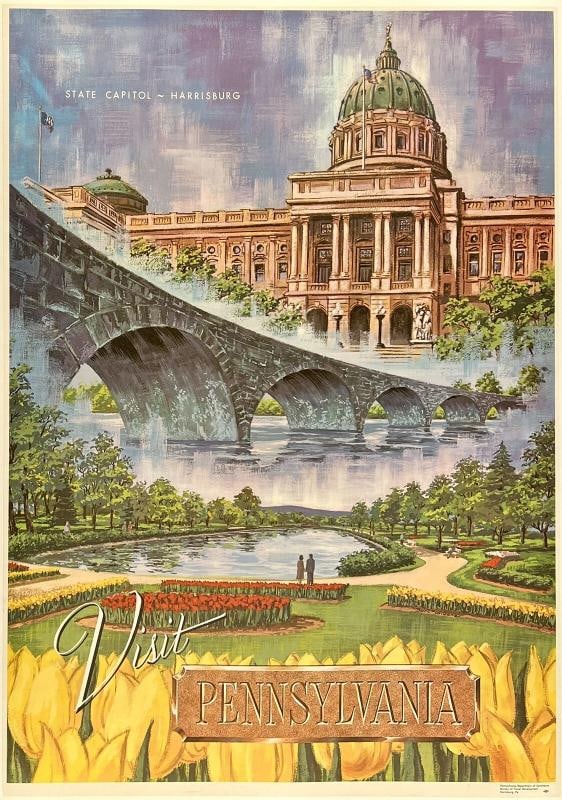 Original Vintage Poster VISIT PENNSYLVANIA HARRISBURG Travel Tourism America OL: Dimensions: 20.5 x 29.1 in. / 52 x 74 cm.; Circa: 1950s Original vintage "VISIT PENNSYLVANIA - STATE CAPITOL - HARRISBURG" travel poster, plate signed by its artist, BART SLOANE, and printed by