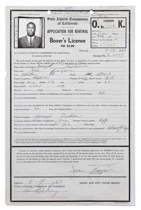 Joe Frazier Authentic Signed 8.5x13 1967 Boxing License Renewal App JSA #ZZ80605: Product: Not Available,Player: Joe Frazier,Sport: Boxing,Original/Reprint: Original,Autograph Authentication: JSA,PRODUCT_COA: JSA,PRODUCT_SIGNED_BY_NAME: Joe Frazier,Country of Origin: United States