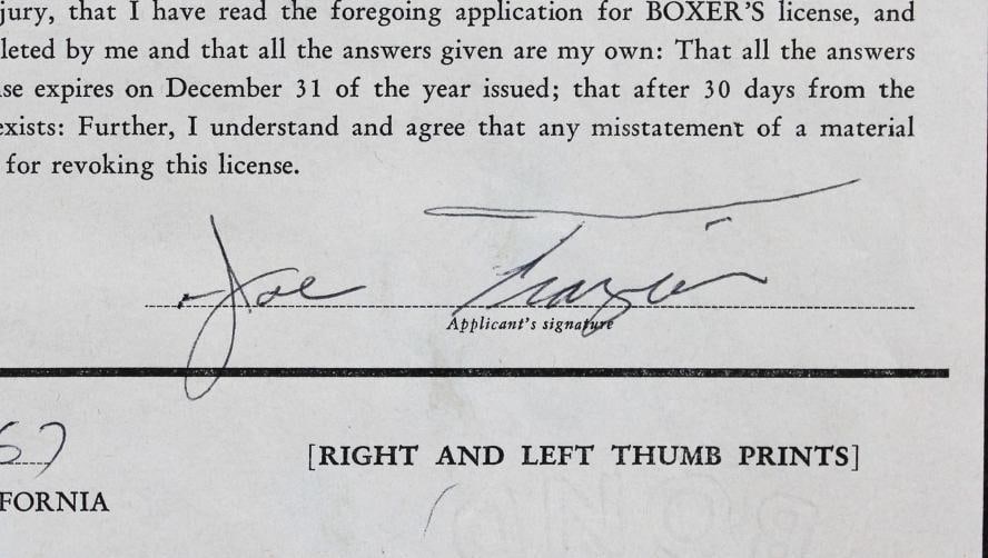 Joe Frazier Authentic Signed 8.5x13 1967 Boxing License Renewal App JSA #ZZ80605 - 2