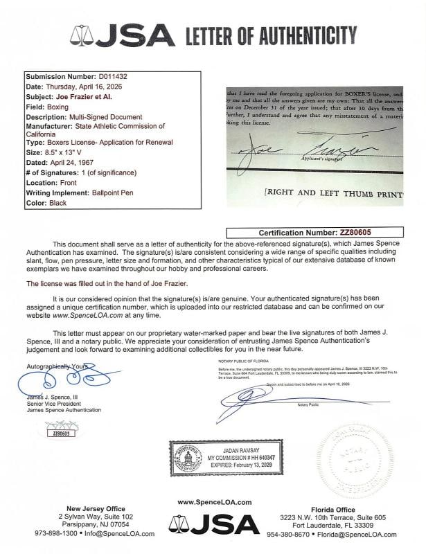 Joe Frazier Authentic Signed 8.5x13 1967 Boxing License Renewal App JSA #ZZ80605 - 4