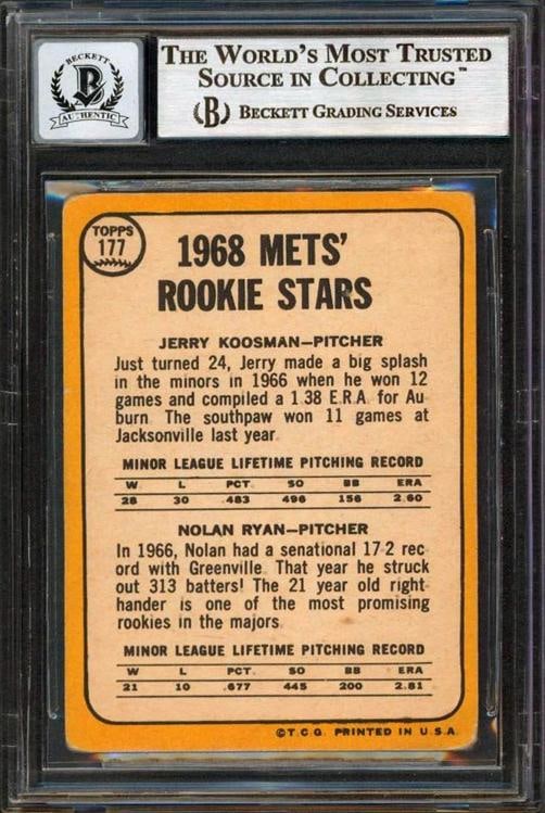 Mets Nolan Ryan "Stat" Signed 1968 Topps #177 Rookie Card Auto Grade 10 BAS Slab - 2