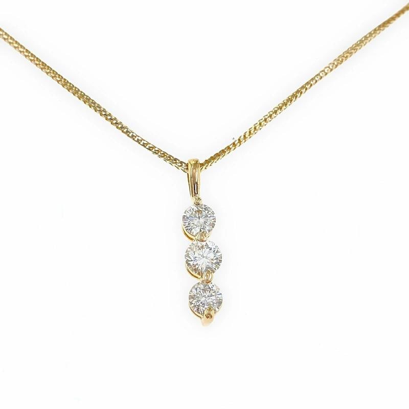 Round Diamond 3 Stone Past Present Future Necklace 1.40 tcw 14 kt Yellow Gold: Condition: Pre-owned - Good,Materials sourced from: United States,Main Stone Creation: Natural,Fancy Diamond Color: White,Length (inches): 21' with Pendant,Main Stone Color: White/Colorless,Metal:
