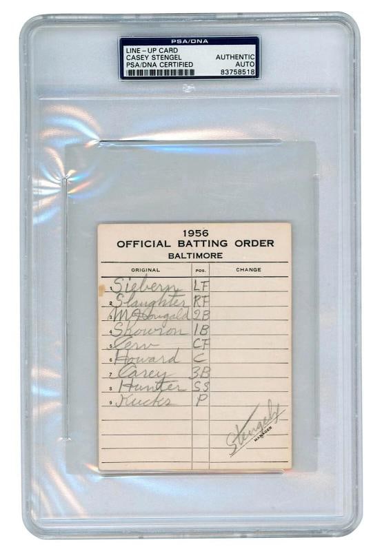 Casey Stengel Signed Handwritten 1956 New York Yankees Game Used Lineup Card PSA: Sport: Baseball,Player: Casey Stengel,Signed: Yes,Autograph Authentication: Professional Sports Authenticator (PSA),Original/Reprint: Original,Product: Ball,Team: New York Yankees,Country of Origin: U