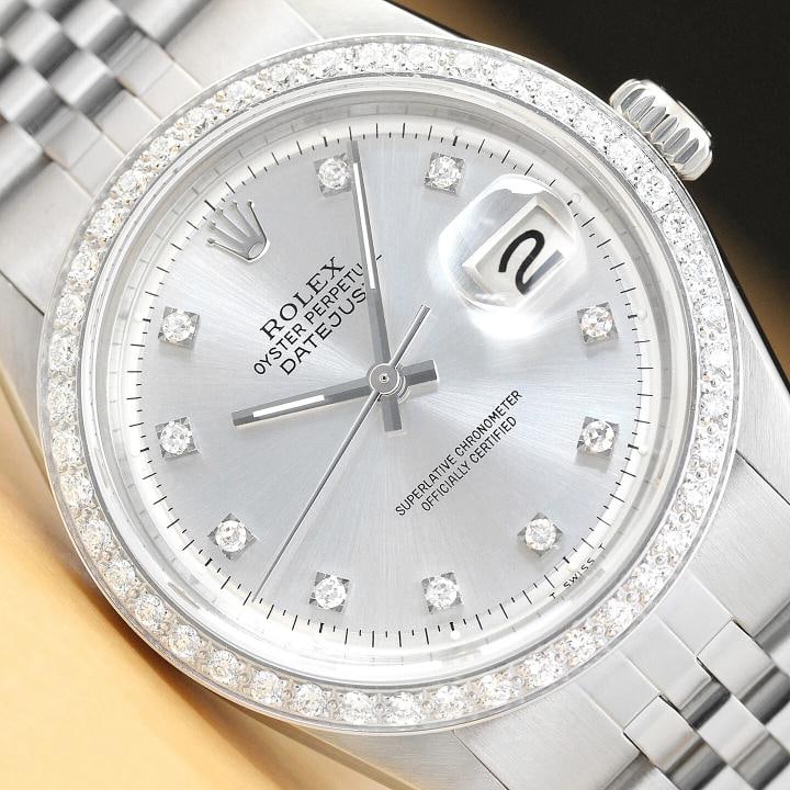 MENS ROLEX DATEJUST 1603 SILVER DIAL DIAMOND BEZEL 18K WHITE GOLD & STEEL WATCH: Condition: Pre-owned - Excellent,Bezel Color: Silver,Max Wrist Size: 7.26-7.5 in,Number of Jewels: 26 Jewels,Indices: Diamond Markers, 12-Hour Dial, Multiple Hands,Bezel: Custom 18K White Gold Diamond
