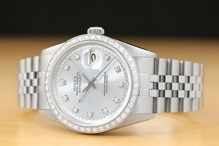 MENS ROLEX DATEJUST 1603 SILVER DIAL DIAMOND BEZEL 18K WHITE GOLD & STEEL WATCH - 2