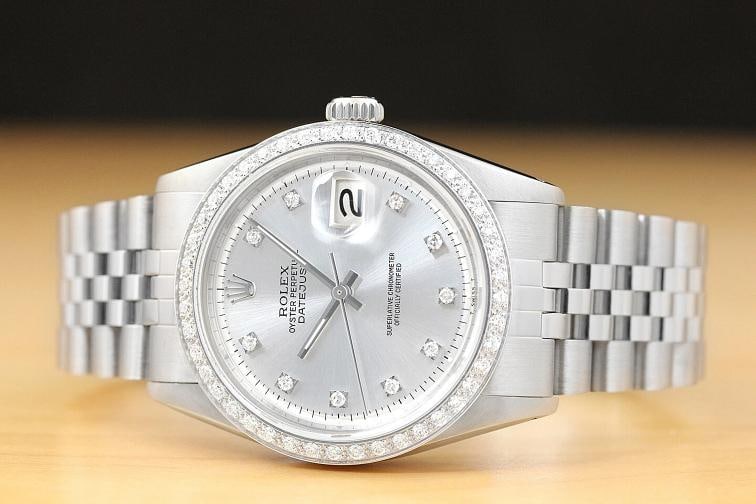 MENS ROLEX DATEJUST 1603 SILVER DIAL DIAMOND BEZEL 18K WHITE GOLD & STEEL WATCH - 3