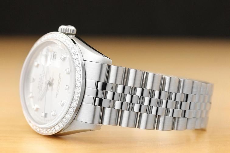 MENS ROLEX DATEJUST 1603 SILVER DIAL DIAMOND BEZEL 18K WHITE GOLD & STEEL WATCH - 4