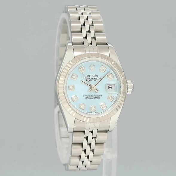 PAPERS Mint Ladies Rolex 79174 DateJust 26mm Glacier Blue Diamond Fluted Bezel - 3