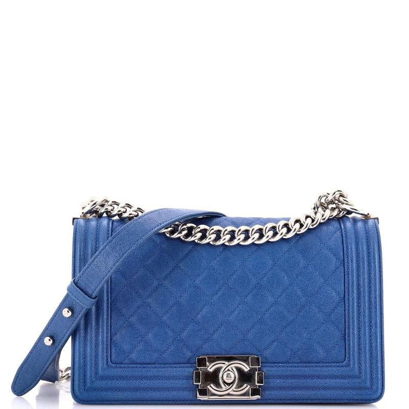 Chanel Boy Flap Bag Quilted Caviar Old Medium: Condition: Pre-owned - Good,Brand: Chanel,Exterior Material: Leather,Style: Cross Body Bags,Exterior Color: Blue,Department: Women,Size: Old Medium