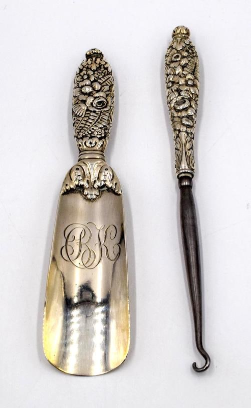 Tiffany Sterling Silver Shoe Horn w/Shoe Button Hook - Floral Repousse: Brand: Tiffany & Co.,Pattern: Repousse,Composition: Sterling Silver,Country of Origin: United States