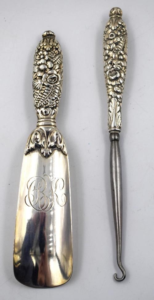 Tiffany Sterling Silver Shoe Horn w/Shoe Button Hook - Floral Repousse - 2