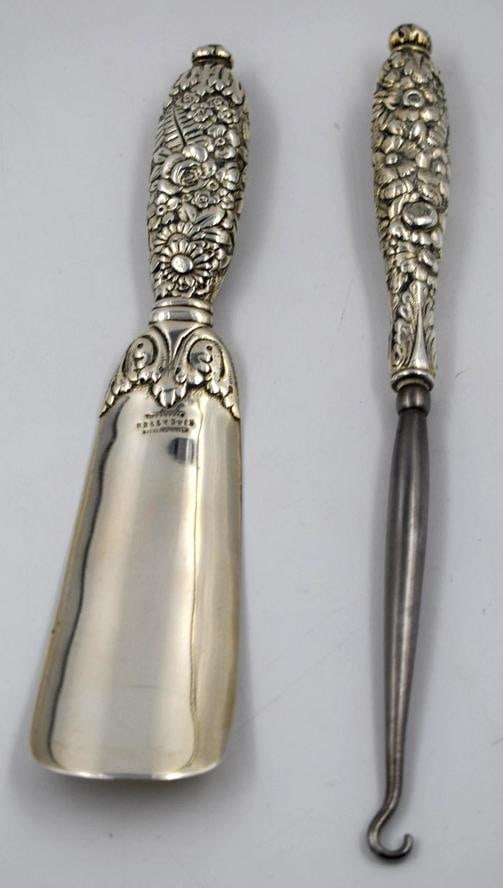 Tiffany Sterling Silver Shoe Horn w/Shoe Button Hook - Floral Repousse - 9