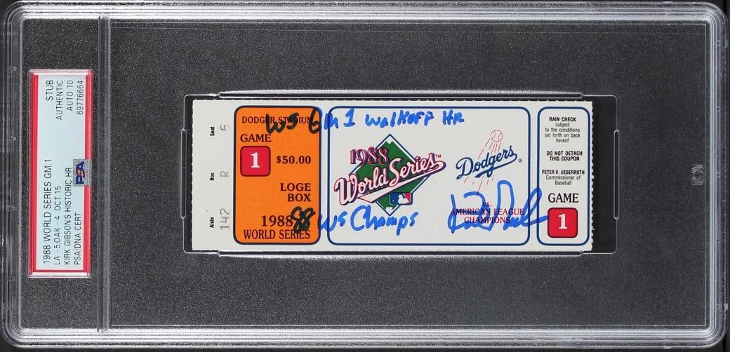 Dodgers Kirk Gibson "2x Insc" Signed 1988 WS Game 1 Ticket Auto 10 PSA Slabbed 3 (1 of 2)