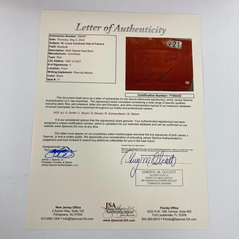 Stan Musial Bob Gibson Lou Brock Ozzie Signed St. Louis Cardinals Seatback JSA - 7