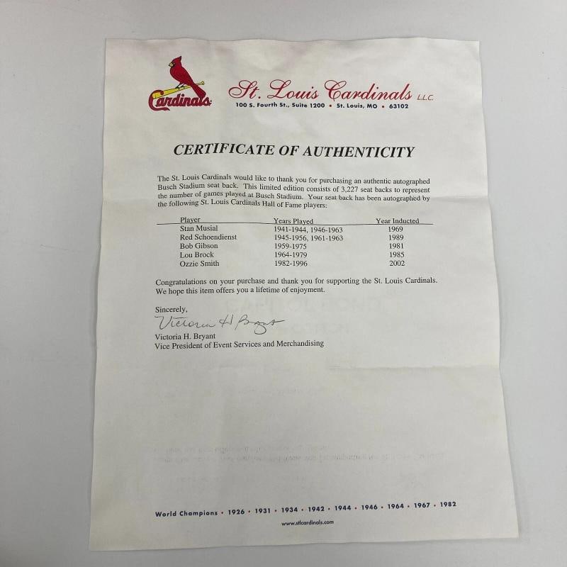 Stan Musial Bob Gibson Lou Brock Ozzie Signed St. Louis Cardinals Seatback JSA - 9