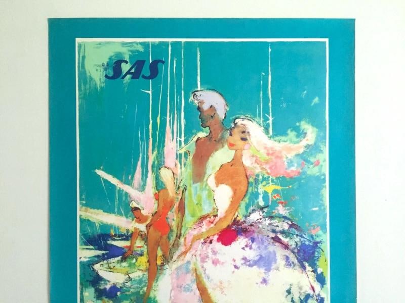 SAS AIRLINES RARE 1960 MCM LITHOGRAPH PRINT OTTO NIELSEN COLLECTOR TRAVEL POSTER - 2