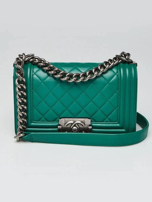 Chanel Green Quilted Lambskin Leather Small Boy Bag: Condition: Pre-owned - Good,Brand: Chanel,Exterior Material: Leather,Style: Crossbody Bags,Everyday Bags,Exterior Color: Green,Department: Women,Country of Origin: Italy Description Karl Lagerfeld