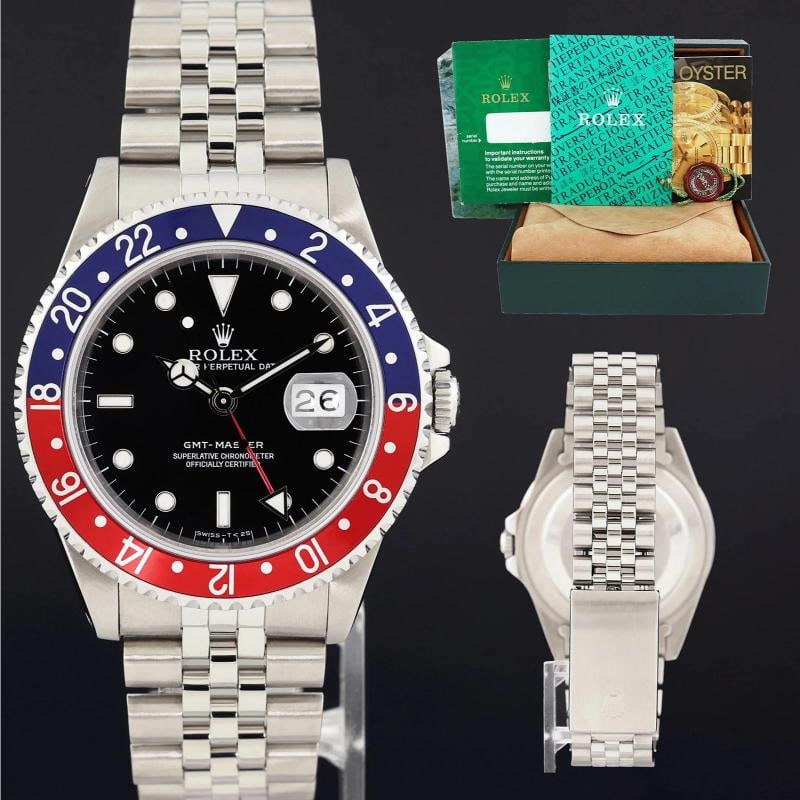 1991 MINT Rolex GMT-Master 16700 Pepsi Red Blue Jubilee 40mm Steel Watch Box: Case & Dial Case Material: Rolex Stainless Steel Case Size: 40mm Bezel: Rolex Blue and Red "Pepsi" Dial: Rolex Black "Tritium" Movement & Bracelet Movement: Rolex Automatic Bracelet Design: Rolex